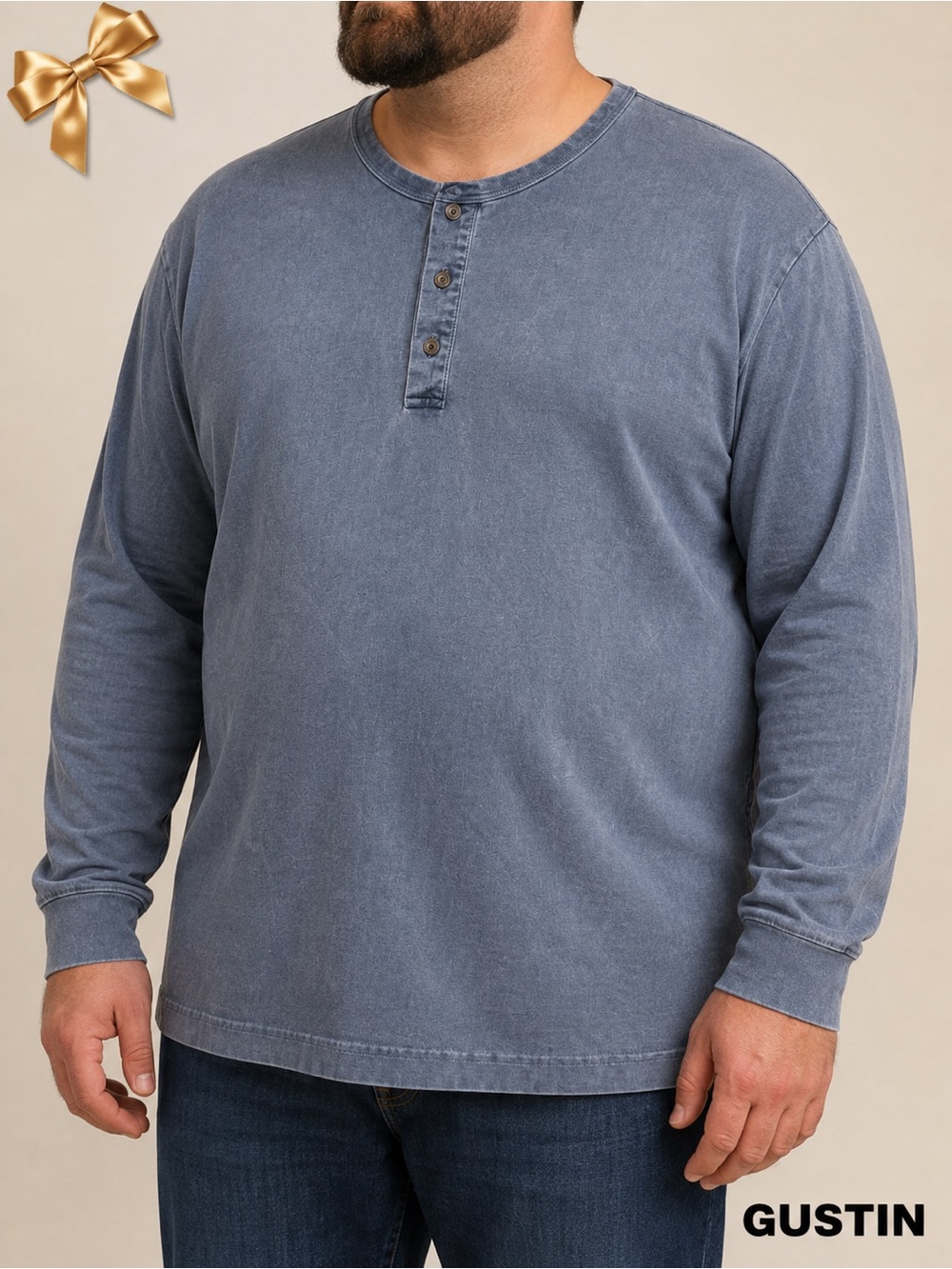 Gustin Men’s XXL Blue Garment-Dyed Cotton Henley Shirt Made in California